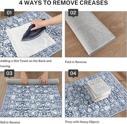 Vintage Floral 3x5 Rug, Light Blue White Entryway Rug Small Area Rug Washable Non-Slip Throw Rug, Thin Printed Faux Wool Low-Pile Kitchen Rugs Super Soft Capet for Entrance Bedroom Office