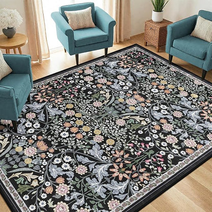 6x9 Area Rugs for Living Room: Floral Washable Rug Vintage Large Soft Boho Non-Slip Carpet Indoor Stain Resistant Thin Carpets for Bedroom Dining Room Farmhouse Nursery Hallway Home Office Dark Black