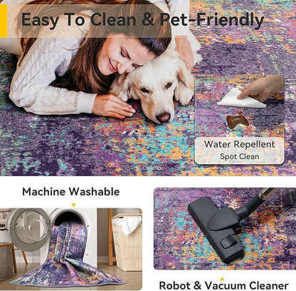Washable Area Rugs 9'x12' Non-Slip Modern Abstract Soft for Living Room Entryway Bedroom Nursery, Print Pattern, Purple Orange Blue Green Rust Red Colorful