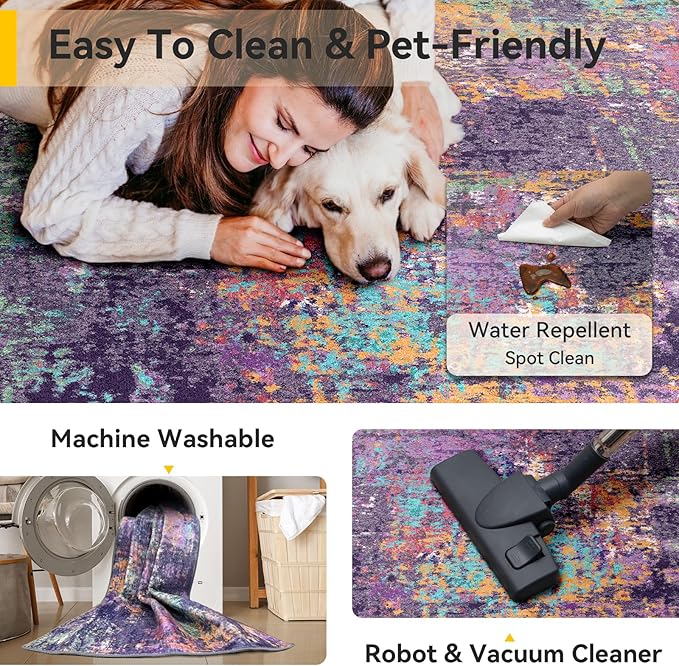 Washable Area Rugs 2'x8' Non-Slip Modern Abstract Soft for Living Room Entryway Bedroom Nursery, Print Pattern, Purple Orange Blue Green Rust Red Colorful