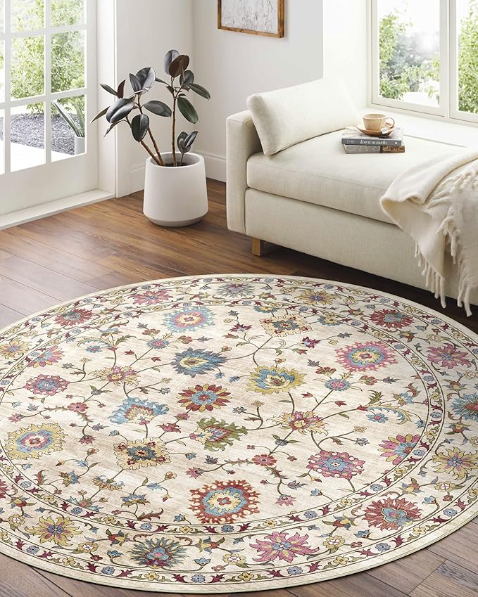 Washable Round Area Rug 6ft - Cream Colorful Traditional Floral Living Room Circle Rug Non-Slip Farmhouse Dining Room Carpet Soft Vintage Bohemian Round Rugs for Bedroom Office Nursery