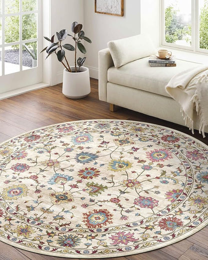 Washable Round Area Rug 6ft - Cream Colorful Traditional Floral Living Room Circle Rug Non-Slip Farmhouse Dining Room Carpet Soft Vintage Bohemian Round Rugs for Bedroom Office Nursery