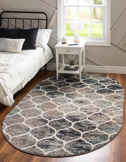 Rugs.com Lattice Frieze Collection Rug – 3' 3 x 5' 3 Oval Blue Multi Medium Rug Perfect for Living Rooms, Large Dining Rooms, Open Floorplans