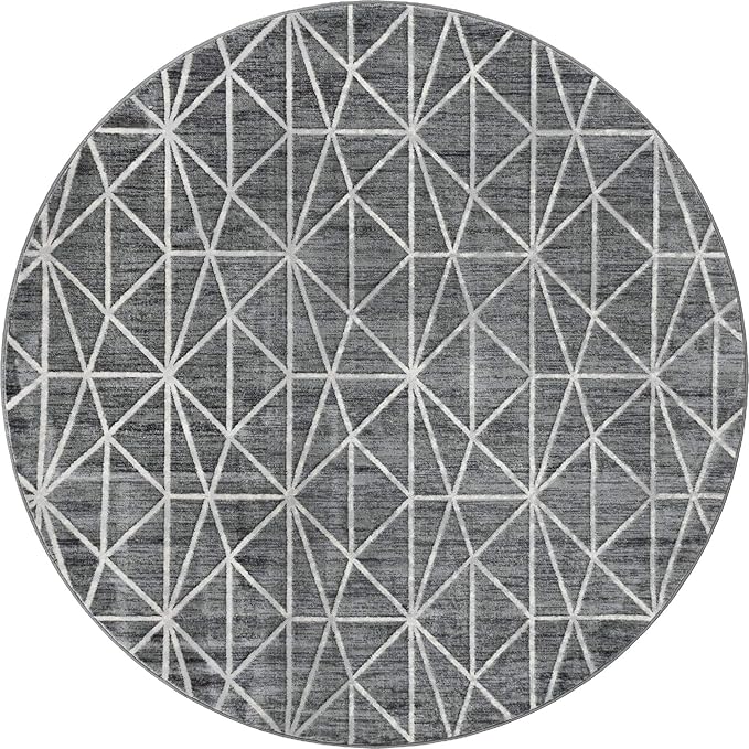Rugs.com Lattice Trellis Collection Rug – 8 Ft Round Gray Low-Pile Rug Perfect for Kitchens, Dining Rooms