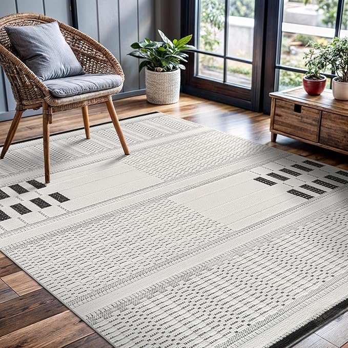 CAMILSON Modern Rug 9x12 Luxury Geometric Pattern Large Micro Loop Area Rugs Soft High-Low Pile Stain Resistant Easy to Clean Non-Shedding Durable Living Room Bedroom Indoor Carpet (White/Black)