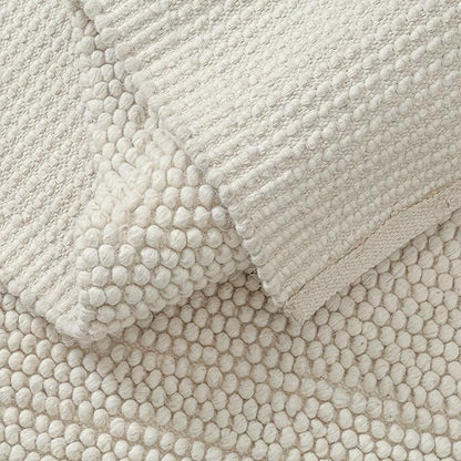 Handwoven Wool Cotton Blend Area Rug 6x9', Textured Popcorn Braided Ivory Rug, Soft Thick Farmhouse Contemporary Living Room Carpet, Neutral Modern Decorative Floor Rug
