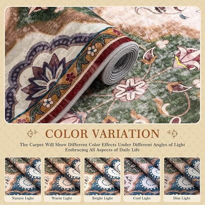 EnHomee Area Rugs 3x5, Soft Washable Rugs for Living Room Bedroom, Boho Non Slip Low Pile Stain Resistant Washable Rug Large Carpet for Dining Room,Easy to Clean Living Room Rug, Red & Green