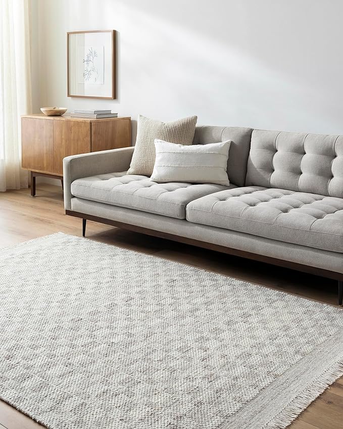 Mark&Day Wool Rugs, 2x8 Clinten Solid and Border Light Gray Runner Checkered Rug, Grey Ivory Carpet for Hallway, Kitchen, Bedroom or Living Room (2'6" x 8' Runner)