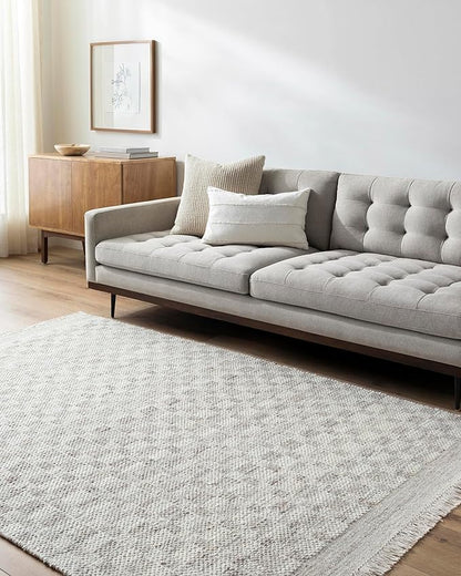 Mark&Day Wool Rugs, 6x9 Clinten Solid and Border Light Gray Checkered Rug, Grey Ivory Carpet for Living Room, Bedroom or Kitchen (6' x 9')