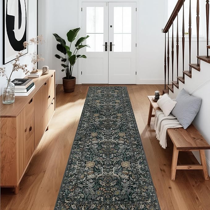 Washable Runner Rug 2x12: Vintage Boho Floral Carpet Runners for Hallway Entryway Non-Slip - Soft Botanical Low Pile Thin Mat for Kitchen Bathroom Bedroom Laundry Floor Decor - Dark Green