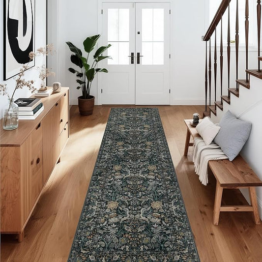 Washable Runner Rug 2x12: Vintage Boho Floral Carpet Runners for Hallway Entryway Non-Slip - Soft Botanical Low Pile Thin Mat for Kitchen Bathroom Bedroom Laundry Floor Decor - Dark Green