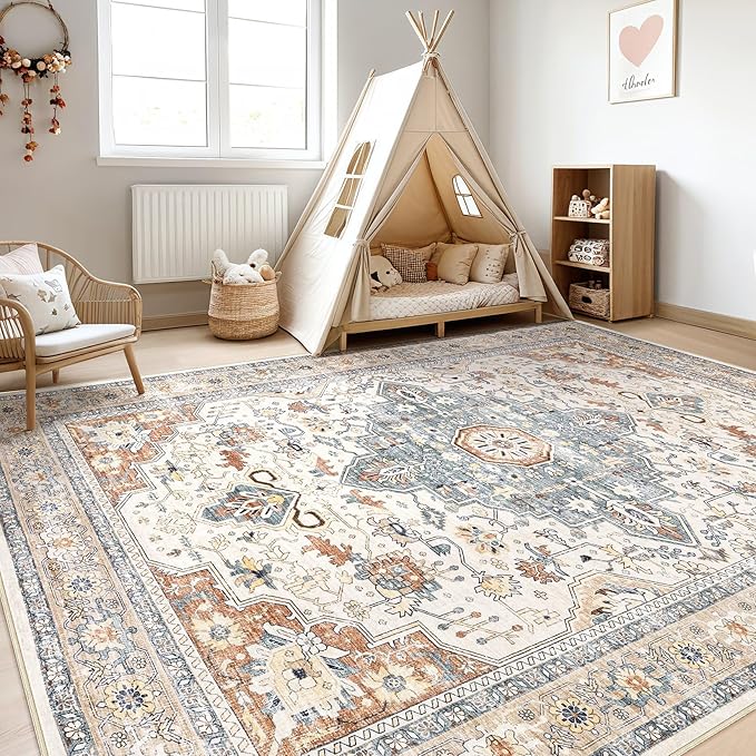 5x7 Area Rugs Living Room: Washable Boho Large Neutral Vintage Soft Rug Stain Resistant Distressed Farmhouse Non-Slip Indoor Floor Carpet for Bedroom Nursery Kids Office Dining Room- Beige Blue