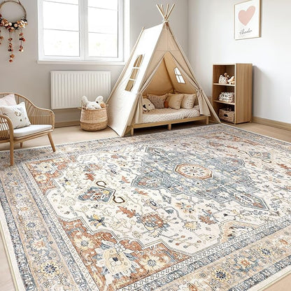8x10 Area Rugs Living Room: Washable Boho Large Neutral Vintage Soft Rug Stain Resistant Distressed Farmhouse Non-Slip Indoor Floor Carpet for Bedroom Nursery Kids Office Dining Room- Beige Blue