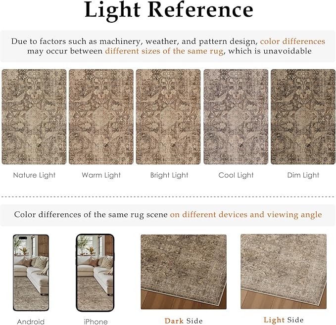 8x10 Rust Brown Washable Area Rug for Living Room Bedroom Neutral Soft Non Slip Rug Low Pile Vintage Distressed Carpet for Dining Room Nursery Office