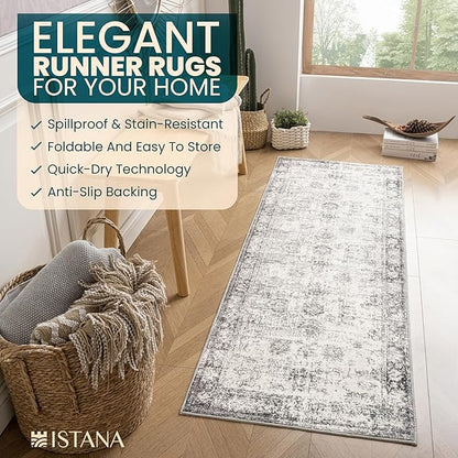 Istana Hallway Runner Rug 2x8 – White Cream/Grey Entryway Rug -Silk's Soft Touch Runners for Hallways - Stylish Kitchen Runner Rug Non Slip