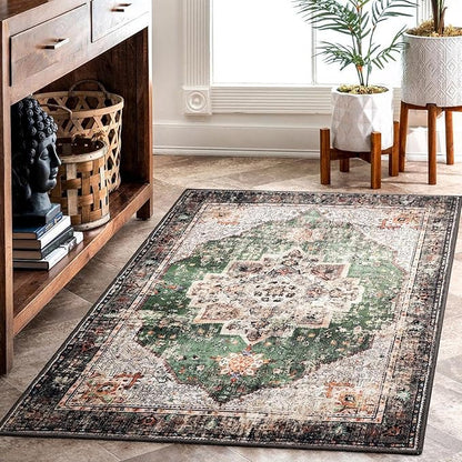2x3 Small Rugs for Entryway, Green Boho Area Rug for Bathroom Throw Hallway Vintage Kitchen Rugs Non Slip Washable, Indoor Entrance Floor Carpet