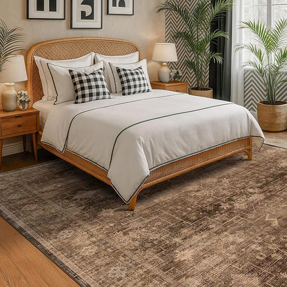 Boho Brown Living Room Rug 6x8 - Modern Vintage Traditional Oriental Taupe Neutral, Washable Low Pile Non-Slip Extra Large Area Rugs for Dining Under Table Bedroom Lounge
