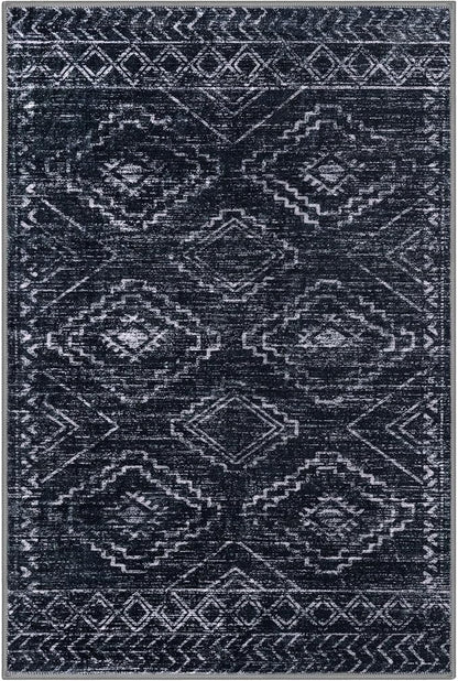 KILOCOCO Boho Entryway Rug 3x5 Area Rug Washable Non Slip Throw Rugs Soft for Kitchen Living Room Dining Bedroom Geometric Moroccan Carpet, Black/Navy