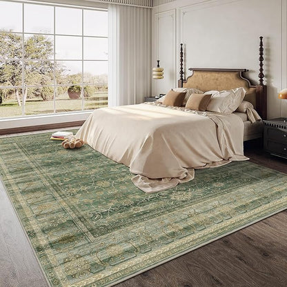 HelloTree Washable Rugs 9x12 Area Rug for Living Room, Vintage Boho Green Rug Non Slip Carpet Retro Accent Indoor Mat Print Distressed Low Pile Throw Large Rug for Office Dining Room Bedside-Green