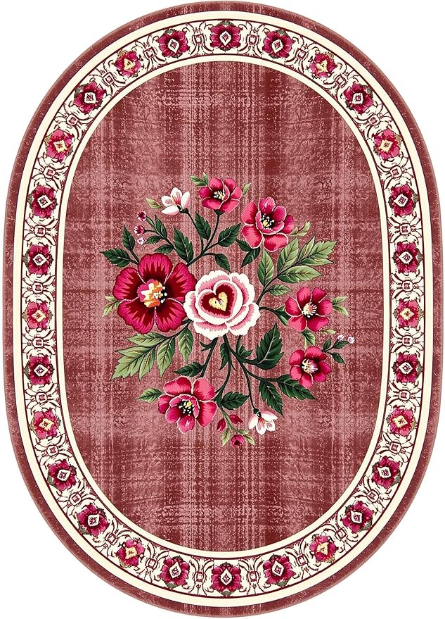 Retro Country Distressed Burgundy Green Florals Texture Bordered Rugs 12x15 for Living Room Bedroom Dining Room Soft Washable Non Skid Area Rug Guestroom Kitchen Doormats Rustic Indoor Oval Carpet