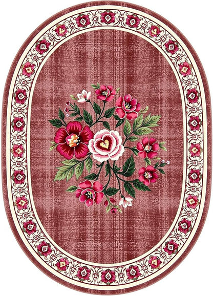 Retro Country Distressed Burgundy Green Florals Texture Bordered Rugs 8x10 for Living Room Bedroom Dining Room Soft Washable Non Skid Area Rug Guestroom Kitchen Doormats Rustic Indoor Oval Carpet