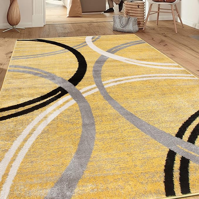 Rugshop Wavy Circles Design Area Rug, Non-Shedding Carpet for Living Room, Bedroom, or Office, Yellow, 6'6" x 9'