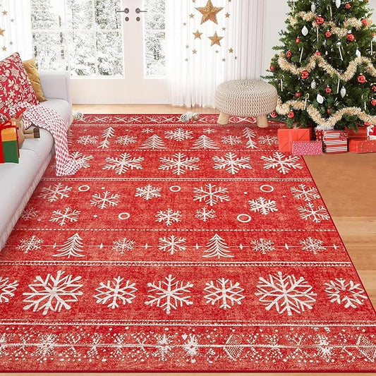 Area Rug 4x6 Christmas Rugs, Machine Washable Boho Christmas Tree Snowflake Rug Non-Slip Soft Low Pile Holiday Indoor Rugs for Bedroom Kitchen Dining Room Office(Xmas Red, 4'x6')