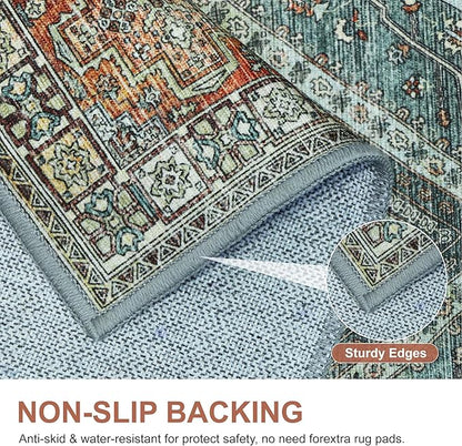 Bavni Runner Rug 2x10 Kitchen Rugs for Hallways Entryway, Washable Vintage Print Carpet, Ultra-Thin Chenille Low Pile Lightweight Rug with Non Slip Backing, Light Red/Blue