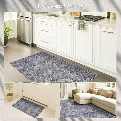 Fame Rugs Turkish Rug. Washable Vintage Oriental Antique Inspired Traditional Doormat Small Modern Area Rugs Luxury Entryway Entry Bedroom Bathroom Kitchen (396NN, 2'5 x 9'8)