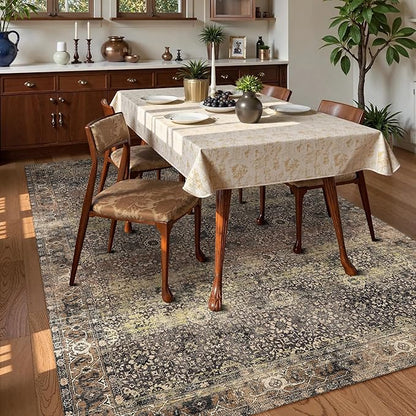 Washable Area Rug 9' x 12' Vintage Traditional Persian Mat - Foldable Distressed Non-Slip Machine Washable Carpet for Living Room Bedroom Kitchen Home Decor - Umber and Slate