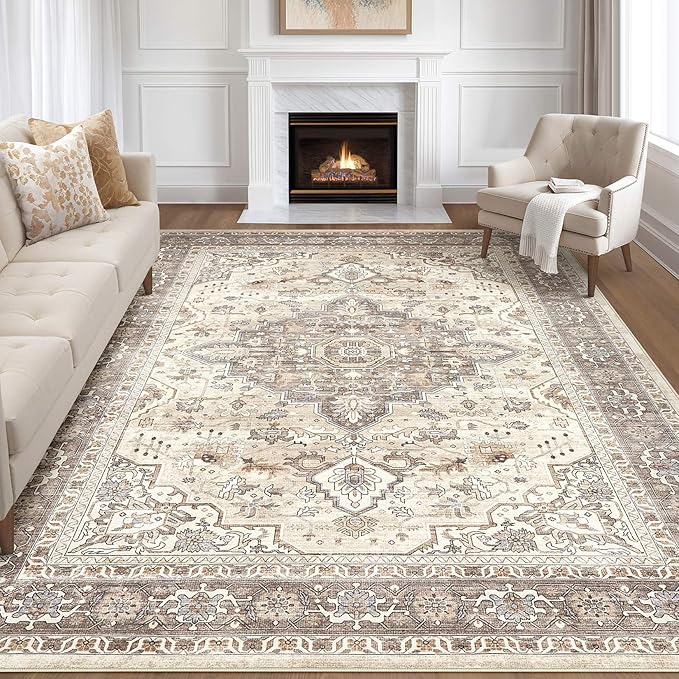 8x10 Area Rugs Living Room: Washable Boho Large Neutral Vintage Soft Rug Stain Resistant Farmhouse Non Slip Indoor Floor Carpet for Bedroom Nursery Kids Playroom Office Dining Room Home Decor- Brown
