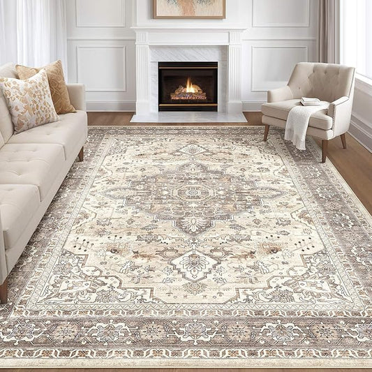 10x12 Area Rug Living Room: Washable Boho Large Neutral Vintage Soft Rugs Stain Resistant Farmhouse Non Slip Indoor Floor Carpet for Bedroom Nursery Kids Playroom Office Dining Room- Beige Brown