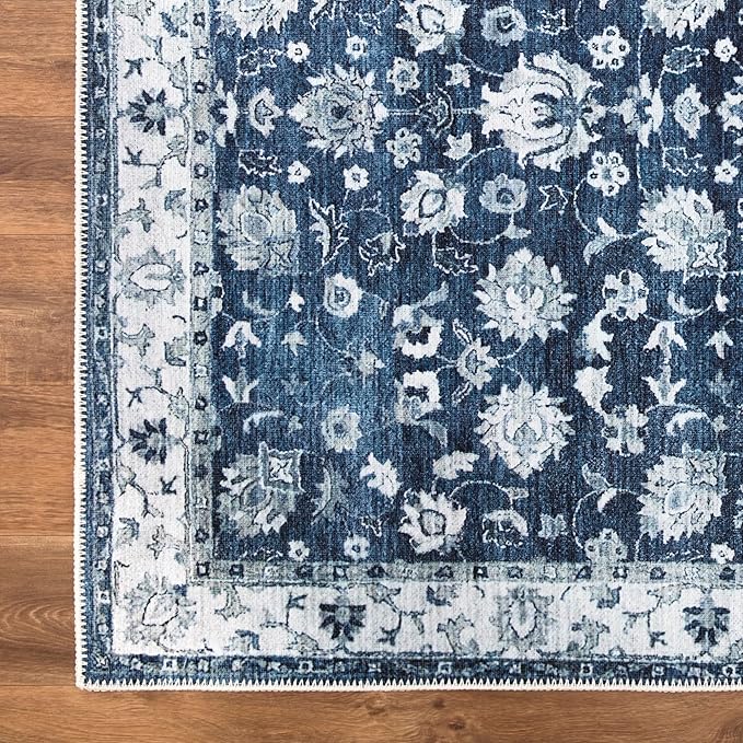Bloom Rugs Washable Non-Slip 5' x 7' Rug - Dark Blue Traditional Bordered Area Rug for Living Room, Bedroom, Dining Room, and Kitchen - Exact Size: 5' x 7'