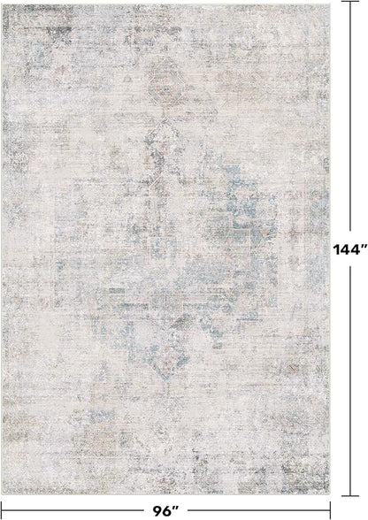Light Blue Area Rugs 8x12 for Living Room - Abstract Medallion Blue Gray Rug for Bedroom, Dining Room Under Table, Washable Non Slip, Fade & Stain Resistance