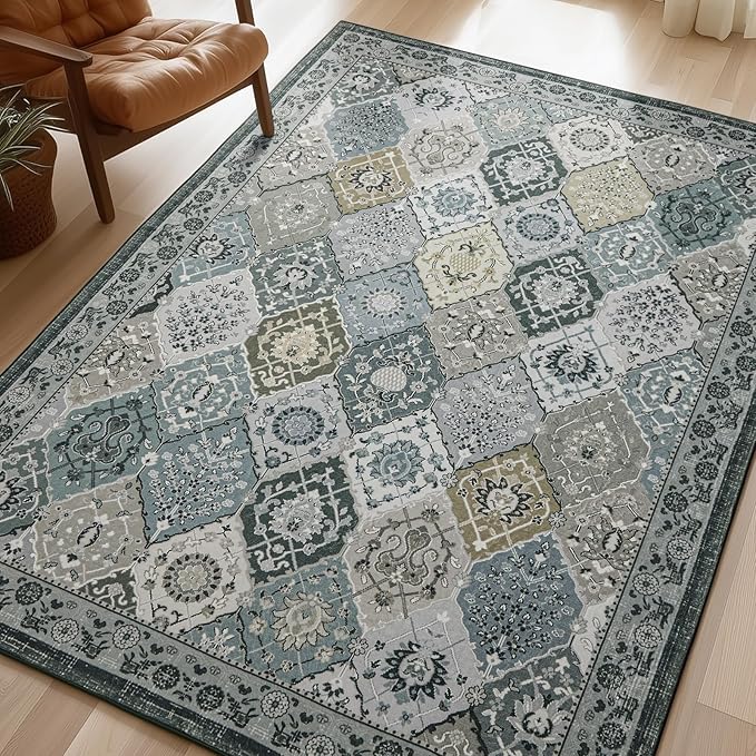 Phantoscope Washable Area Rug 8'x10' Non-Slip, Vintage Boho Rugs for Living Room, Bedroom, Dining Room, Distressed Moroccan Mosaic Diamond Pattern, Low-Pile Foldable Floor Carpet, Grey Charcoal