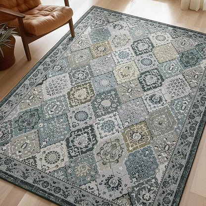 Phantoscope Washable Area Rug 4'x6' Non-Slip, Vintage Boho Rugs for Living Room, Bedroom, Dining Room, Distressed Moroccan Mosaic Diamond Pattern, Low-Pile Foldable Floor Carpet, Grey Charcoal