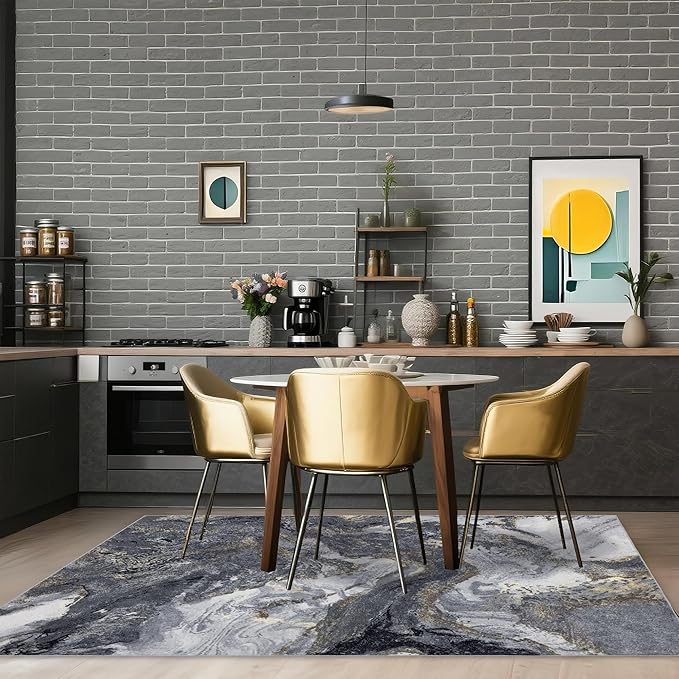 Abstract 6x9 Area Rugs: Modern Washable Rug for Living Room Bedroom Dining Room Indoor - Thin Low Pile Non-Slip Large Carpet - Black Gold