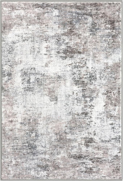 Modern Abstract 4x6 Living Room Washable Rug Non-Slip Soft Bedroom Area Rug Beige Grey Neutral Thin Print Faux Wool Floor Carpet Throw Rugs for Nursery Playroom Dining Room Indoor Office