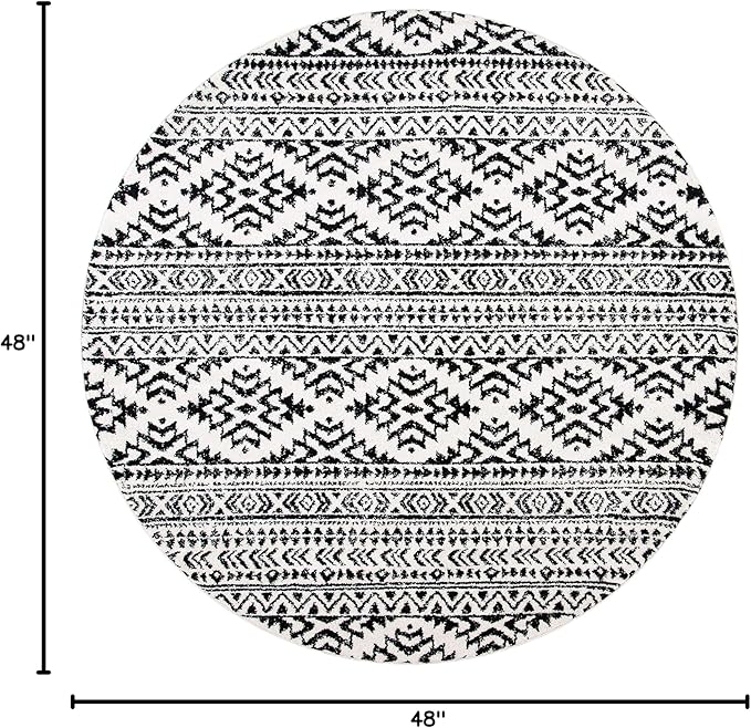 SAFAVIEH Tulum Collection Area Rug - 4' Round, Ivory & Black, Moroccan Boho Tribal Design, Non-Shedding & Easy to Clean, Ideal for Living Room, Bedroom, Dining Space (TUL272B)