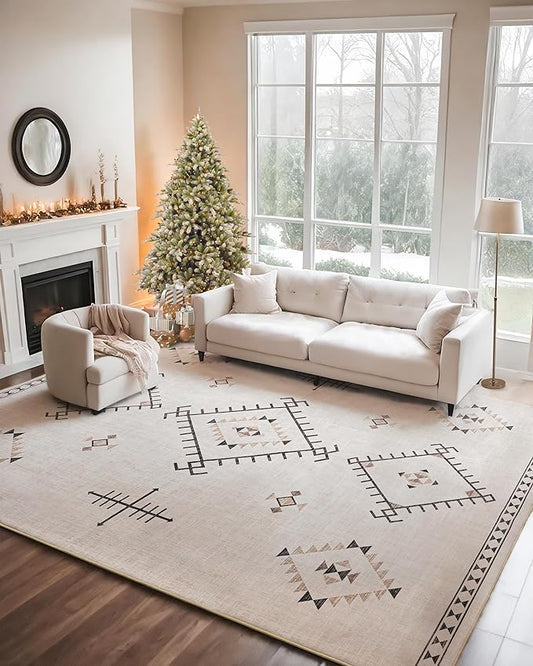 ILANGO Area Rug 5'x7' for Living Room Bedroom Washable Moroccan Boho Rugs for High Traffic Area Non Slip & Non-Shedding Rugs Fade Resistant Carpet for Kitchen Office (Beige)
