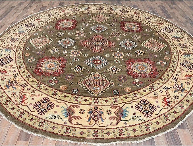 Taupe Brown Special Kazak with All Over Pattern Natural Dyes Organic Wool Hand Knotted Round Oriental Rug (9'x9')