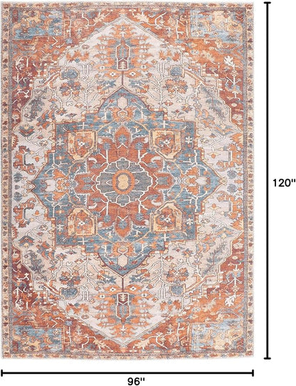 GLN Rugs Traditional Collection - Machine Washable Area Rug, Traditional Washable, Non Slip, Low Pile Chenille Rug, Living Room, Bedroom, Kitchen Rug (8' x 10' Cream/Terra)