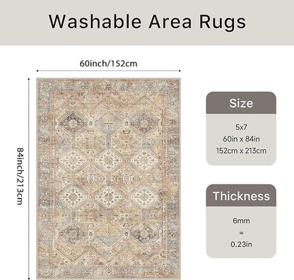 Bavni Clearance 5x7 Area Rugs for Living Room, Machine Washable Rug Non Slip, Vintage Chenille Distressed Print Carpet, Large Low Pile Ultra-Thin Lightweight Rugs for Bedroom, Dining Room, Wood Brown