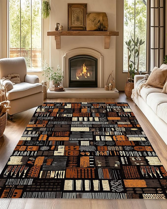 African Style Brown Orange Area Rug for Living Room, Non-Slip Backing Low Pile Modern Abstract Rug for Indoor Use, 5x7 Washable Carpet
