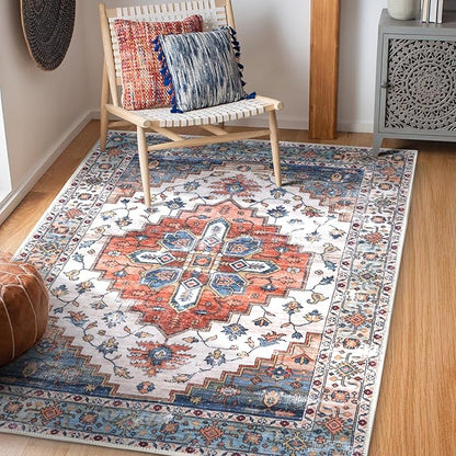 COMSLE Area Rug 4x6 Faux Wool Rugs for Kitchen, Boho Washable Throw Rugs Non-Slip Distressed Carpet Soft Accent Floor Rug for Bedroom, Living Room, Laundry Room (Rust Red)
