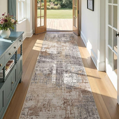Washable Runner Rug for Hallway: 3x12 Neutral Modern Abstract Low Pile Area Rug with Non-Slip Backing - Carpet for Bedroom Kitchen Laundry Entryway Bathroom Indoor - Grey Brown