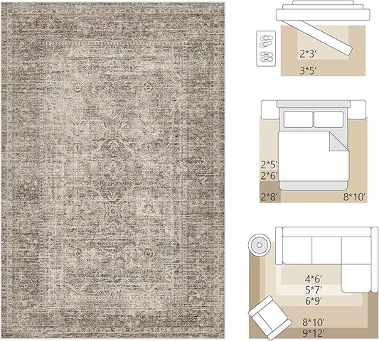 FMFUNCTEX 5x7 Washable Area Rug Neutral Vintage Taupe Non Slip Low Pile Traditional Indoor Carpet for Living Room Bedroom Soft Retro Floral Mat Throw Rug for Dining Office Kitchen Dorm Entryway