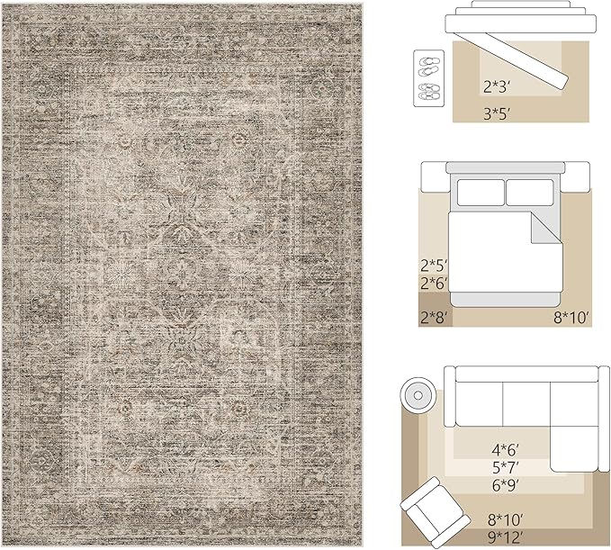 FMFUNCTEX 9x12 Washable Area Rug Vintage Neutral Distressed Large Taupe Non Slip Carpet for Living Room Bedroom Soft Low Pile Indoor Mat Retro Floral Throw Rug for Dining Room Kitchen Office Nursery