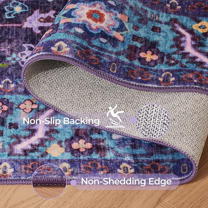 Kokia 8x10 Washable Area Rugs Violet Purple with Vintage Orient Design Soft Rug for Living Room or Bedroom Non-Slip Low Pile Stain Resistance Features Distressed Medallion Pattern