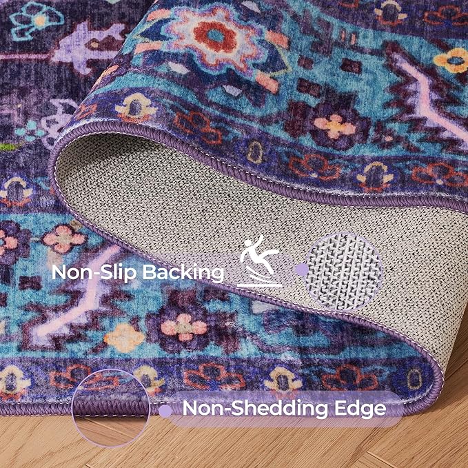 Kokia 9x12 Washable Area Rugs Violet Purple with Vintage Orient Design, Soft Rug for Living Room or Bedroom, Non-Slip Low Pile Stain Resistance Features, Distressed Medallion Pattern